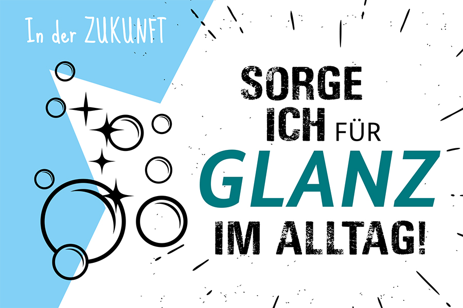 Postkarte zum Berufsfeld "Hauswirtschaft" mit der Aufschrift: In der Zukunft sorge ich für Glanz im Alltag!